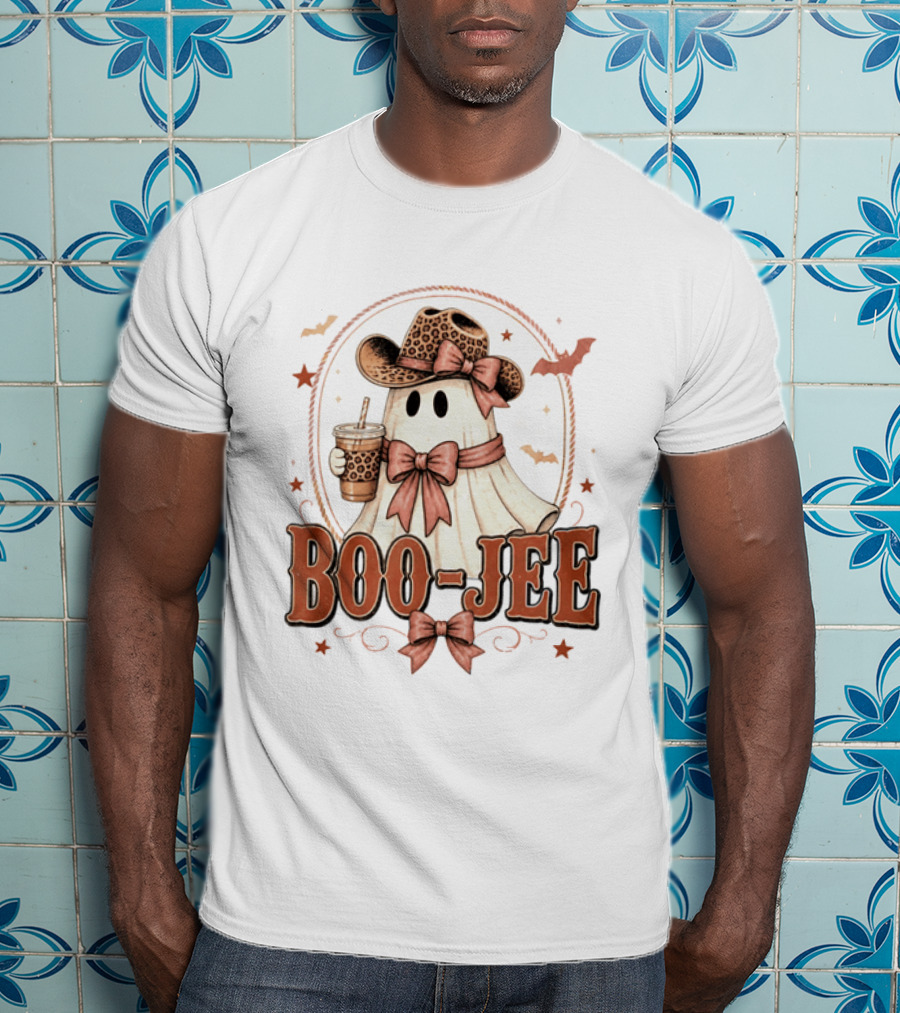 Boo Jee Leopard Cowboy Ghost Iced Coffee Halloween T-Shirt