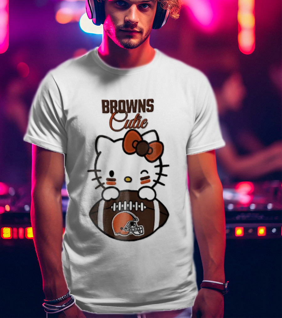 Browns Cutie Winking Cartoon Cat Bow Football T-Shirt