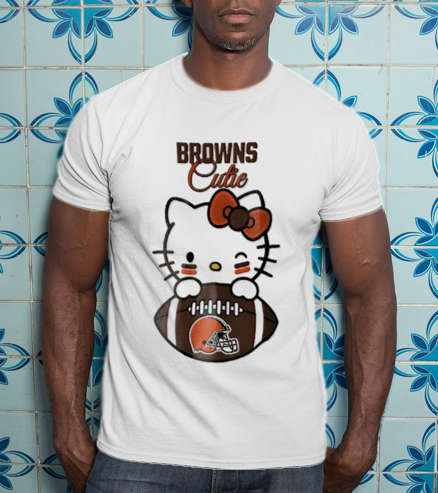 Browns Cutie Winking Cartoon Cat Bow Football T-Shirt