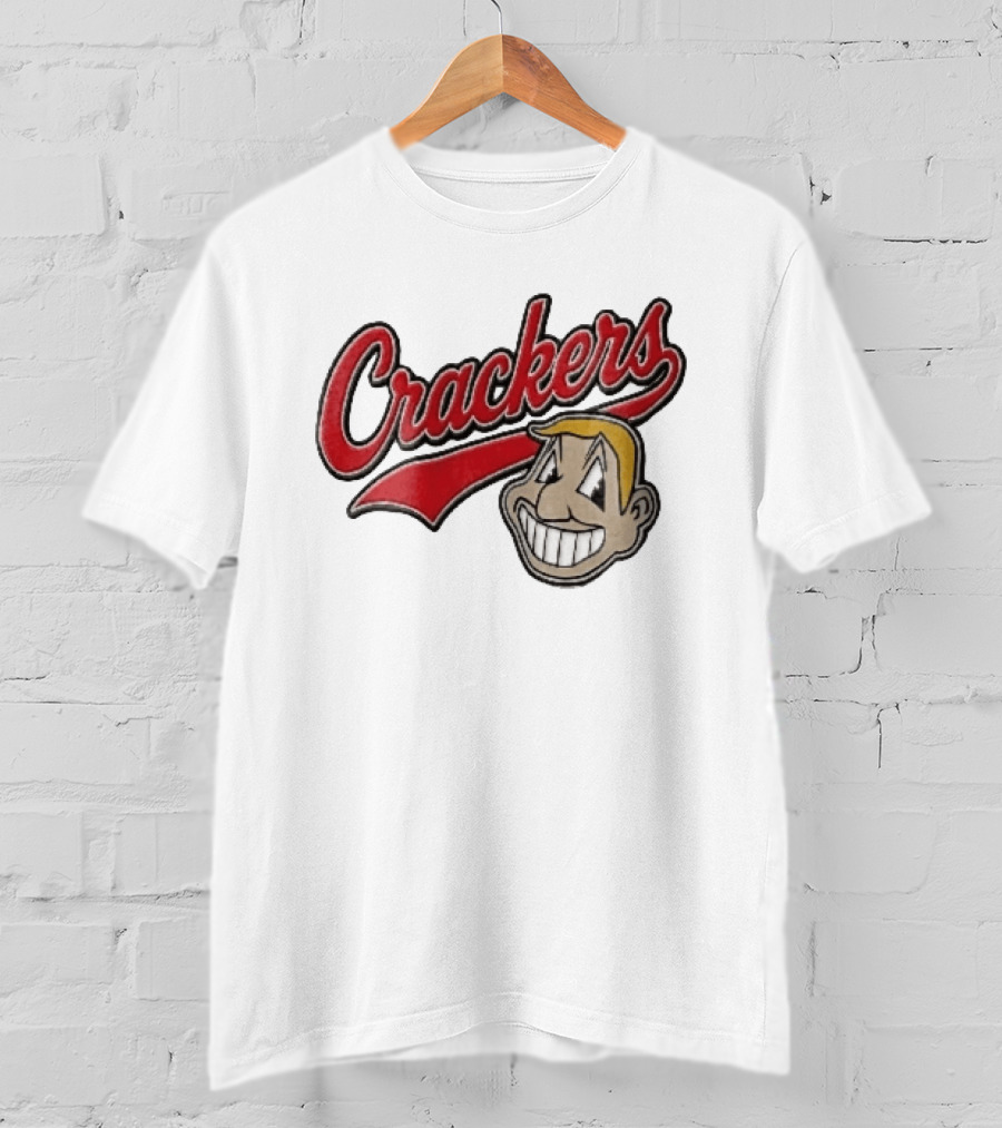 Crackers Cartoon Caricature Blonde Man Big Teeth Smile Red Script T-Shirt