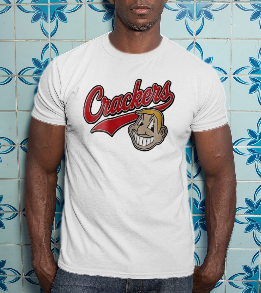 Crackers Cartoon Caricature Blonde Man Big Teeth Smile Red Script T-Shirt