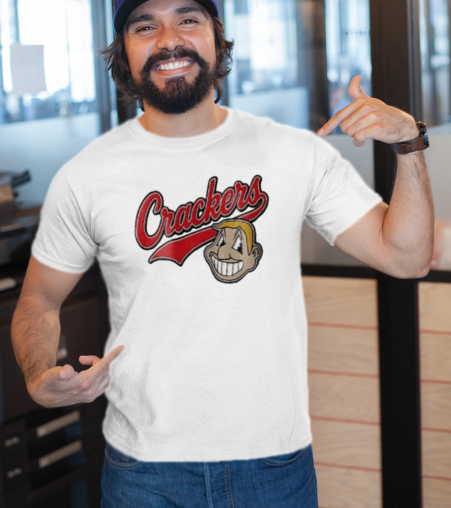 Crackers Cartoon Caricature Blonde Man Big Teeth Smile Red Script T-Shirt