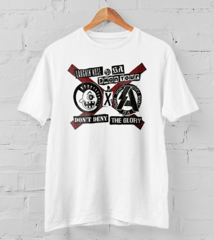 Laughin Nose SA Vs 2 Man Tour Don't Deny The Glory Punk Cartoon Face Red X Distressed Collage T-Shirt