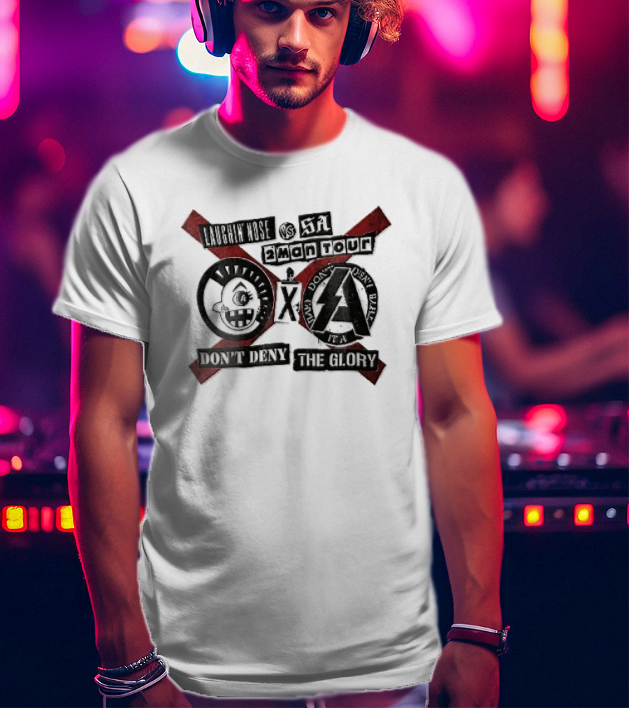 Laughin Nose SA Vs 2 Man Tour Don't Deny The Glory Punk Cartoon Face Red X Distressed Collage T-Shirt