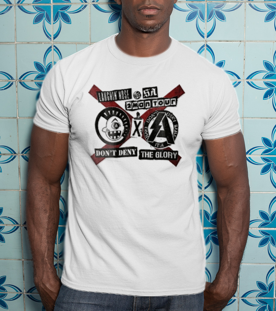 Laughin Nose SA Vs 2 Man Tour Don't Deny The Glory Punk Cartoon Face Red X Distressed Collage T-Shirt