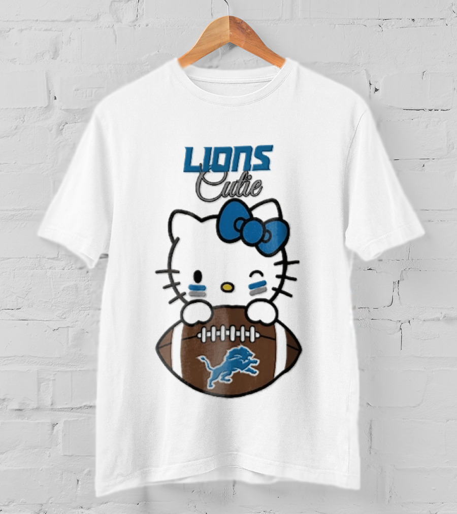 Detroit Lions Cute Cartoon Cat With Blue Bow Face Paint Football T-Shirt