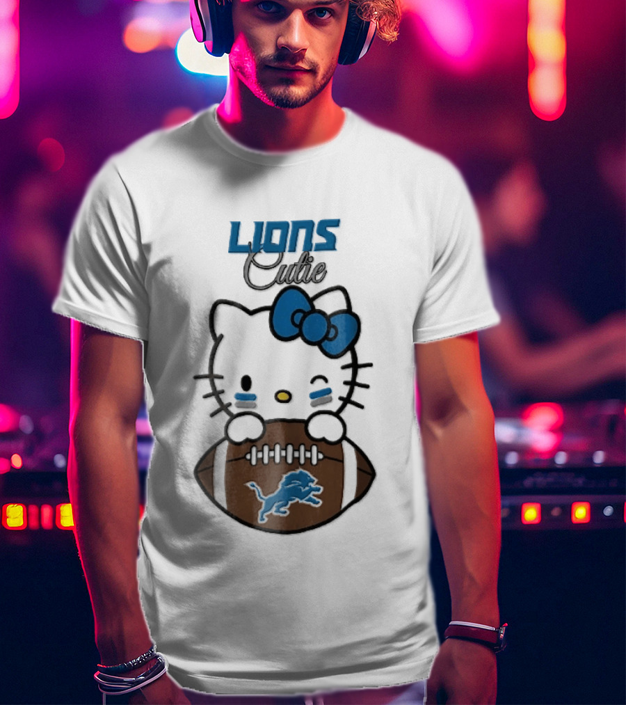Detroit Lions Cute Cartoon Cat With Blue Bow Face Paint Football T-Shirt
