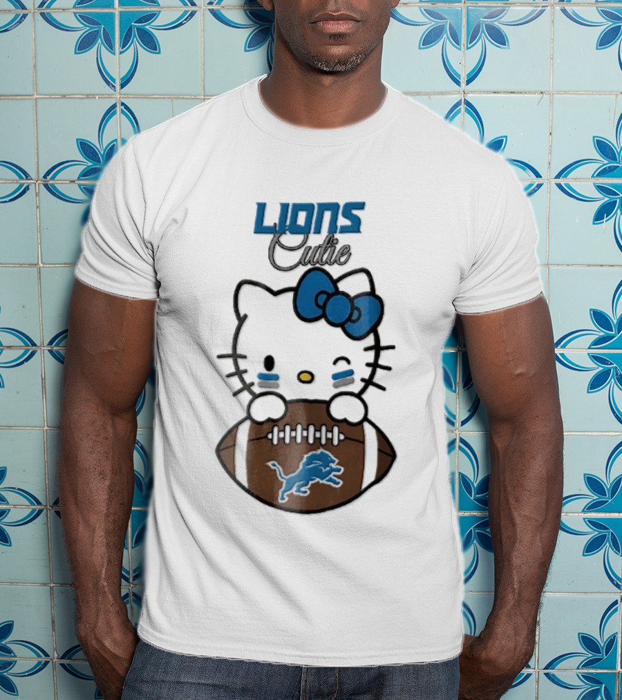 Detroit Lions Cute Cartoon Cat With Blue Bow Face Paint Football T-Shirt