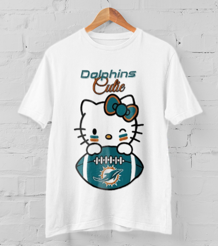 Miami Dolphins Cutie Winking Cat Bow Football T-Shirt