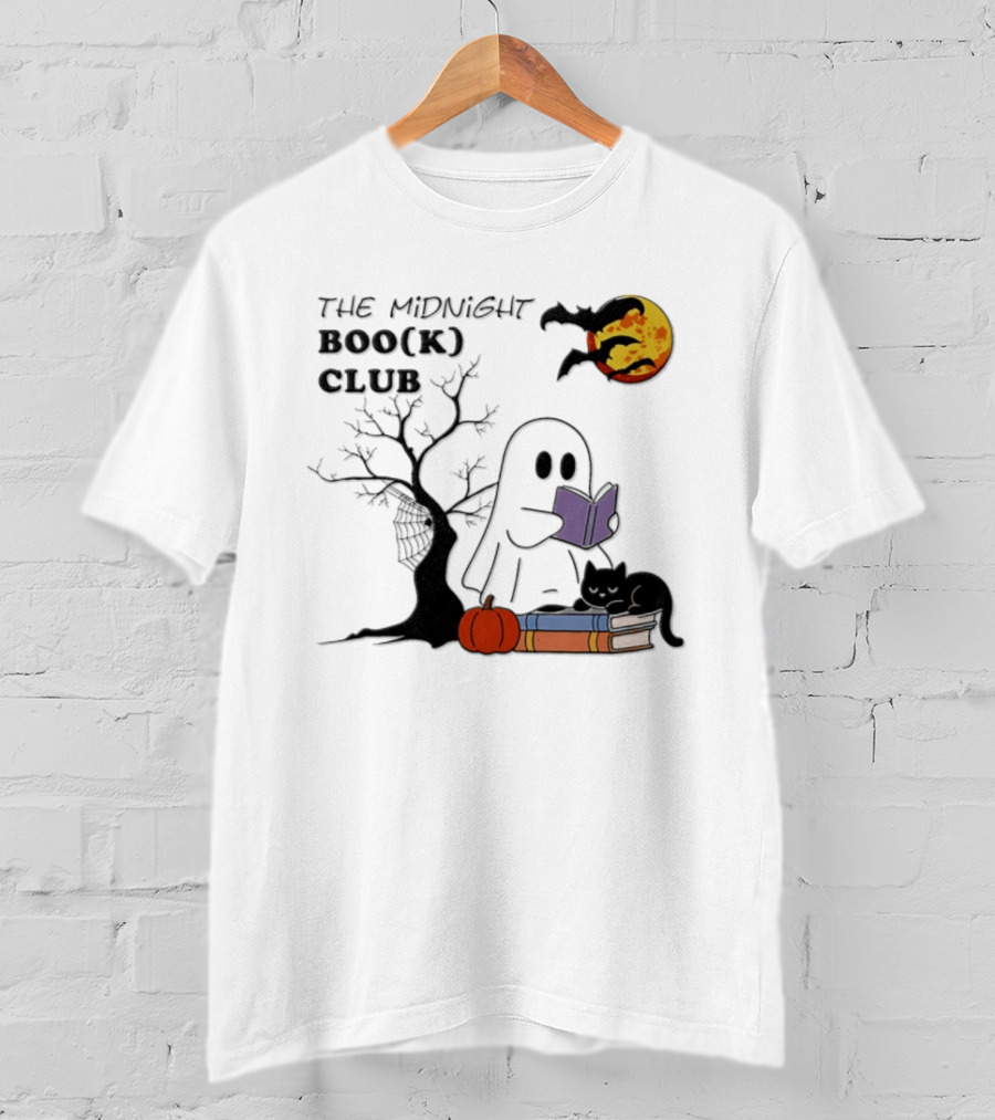 The Midnight Boo(k) Club Halloween Ghost Cat Pumpkin Moon T-Shirt