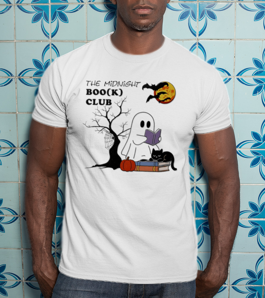 The Midnight Boo(k) Club Halloween Ghost Cat Pumpkin Moon T-Shirt