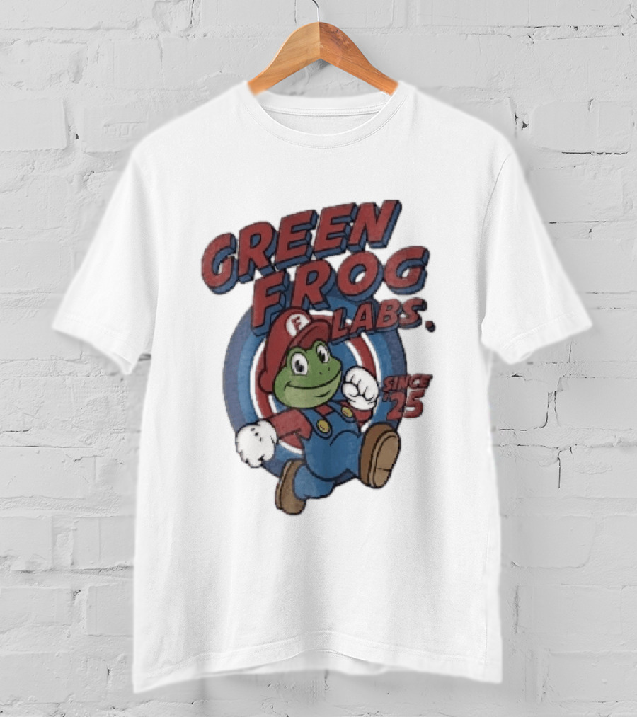 Green Frog Labs Since 25 Cartoon Running Red Cap Blue Overalls T-Shirt