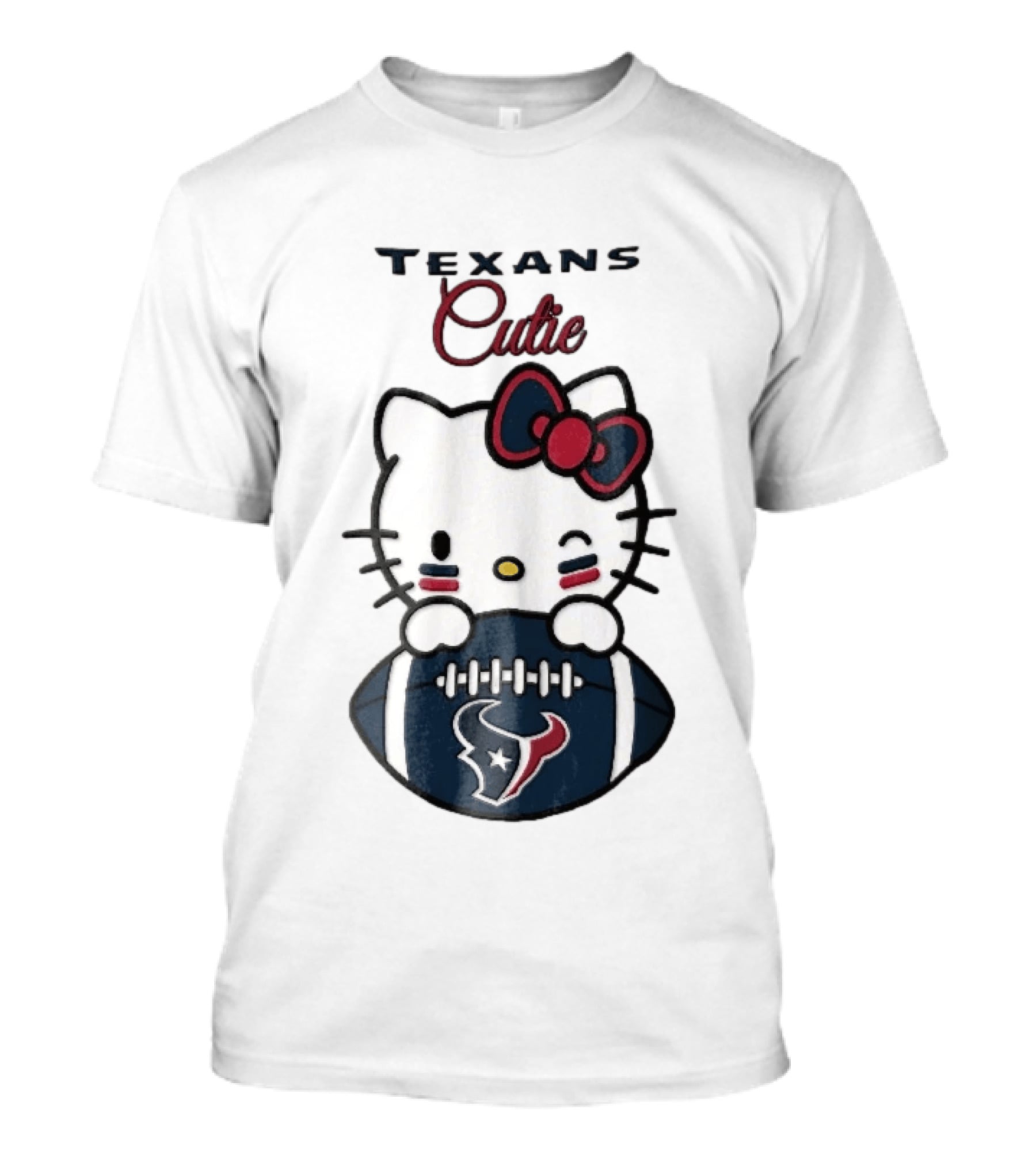 Texans Cutie Cartoon Cat Red Bow Winking Football T-Shirt