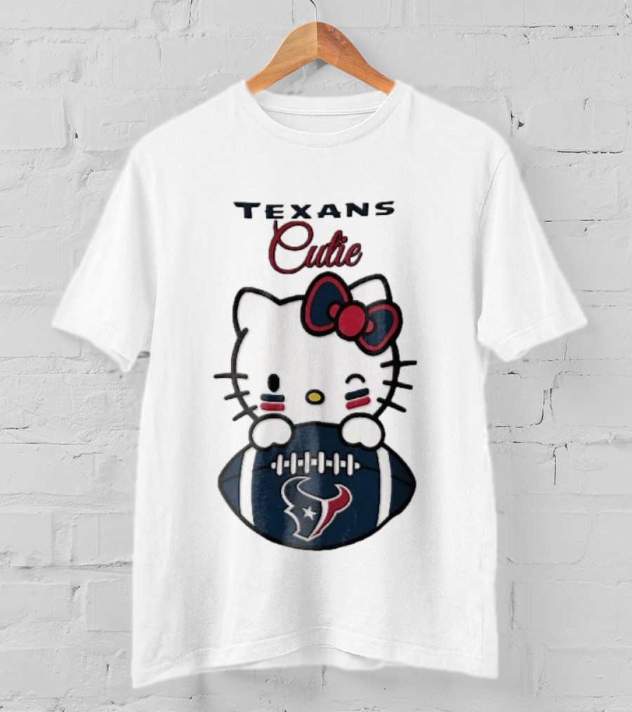 Texans Cutie Cartoon Cat Red Bow Winking Football T-Shirt