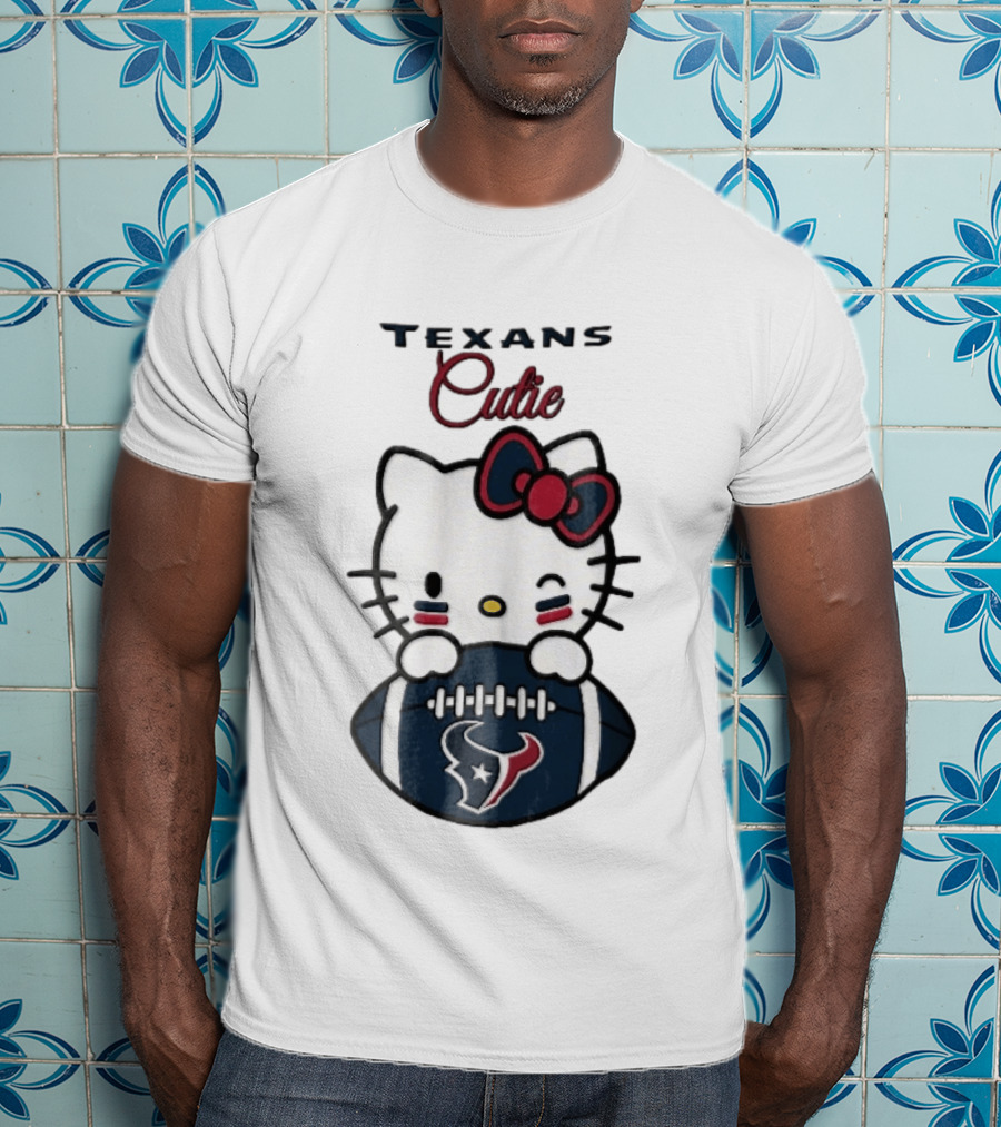 Texans Cutie Cartoon Cat Red Bow Winking Football T-Shirt