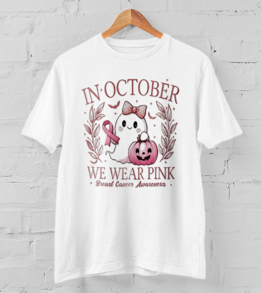 In October We Wear Pink Breast Cancer Awareness Ghost Bow Ribbon Pumpkin T-Shirt