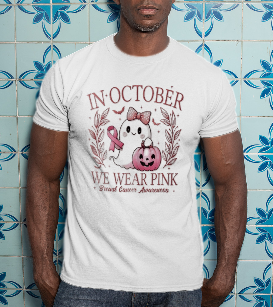 In October We Wear Pink Breast Cancer Awareness Ghost Bow Ribbon Pumpkin T-Shirt