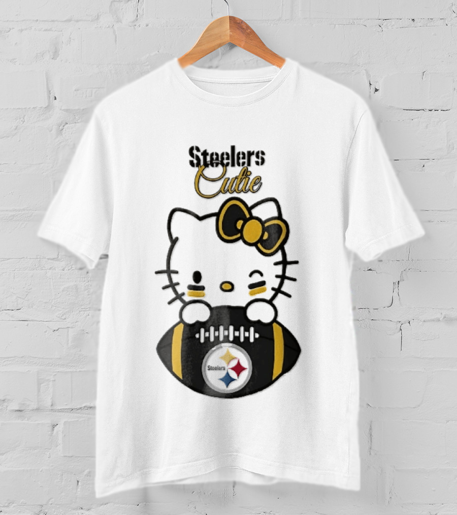 Steelers Cutie Winking Cartoon Cat Bow Football T-Shirt