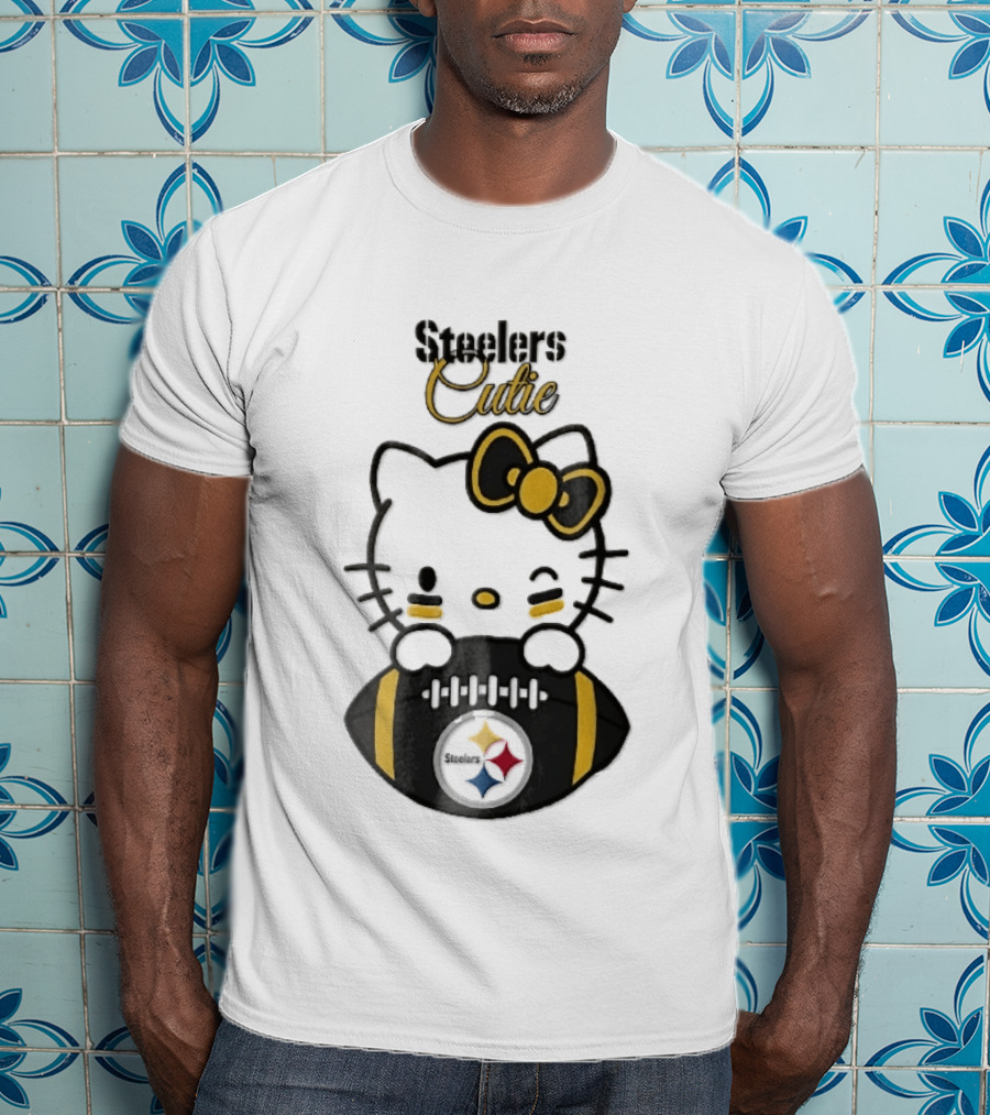 Steelers Cutie Winking Cartoon Cat Bow Football T-Shirt