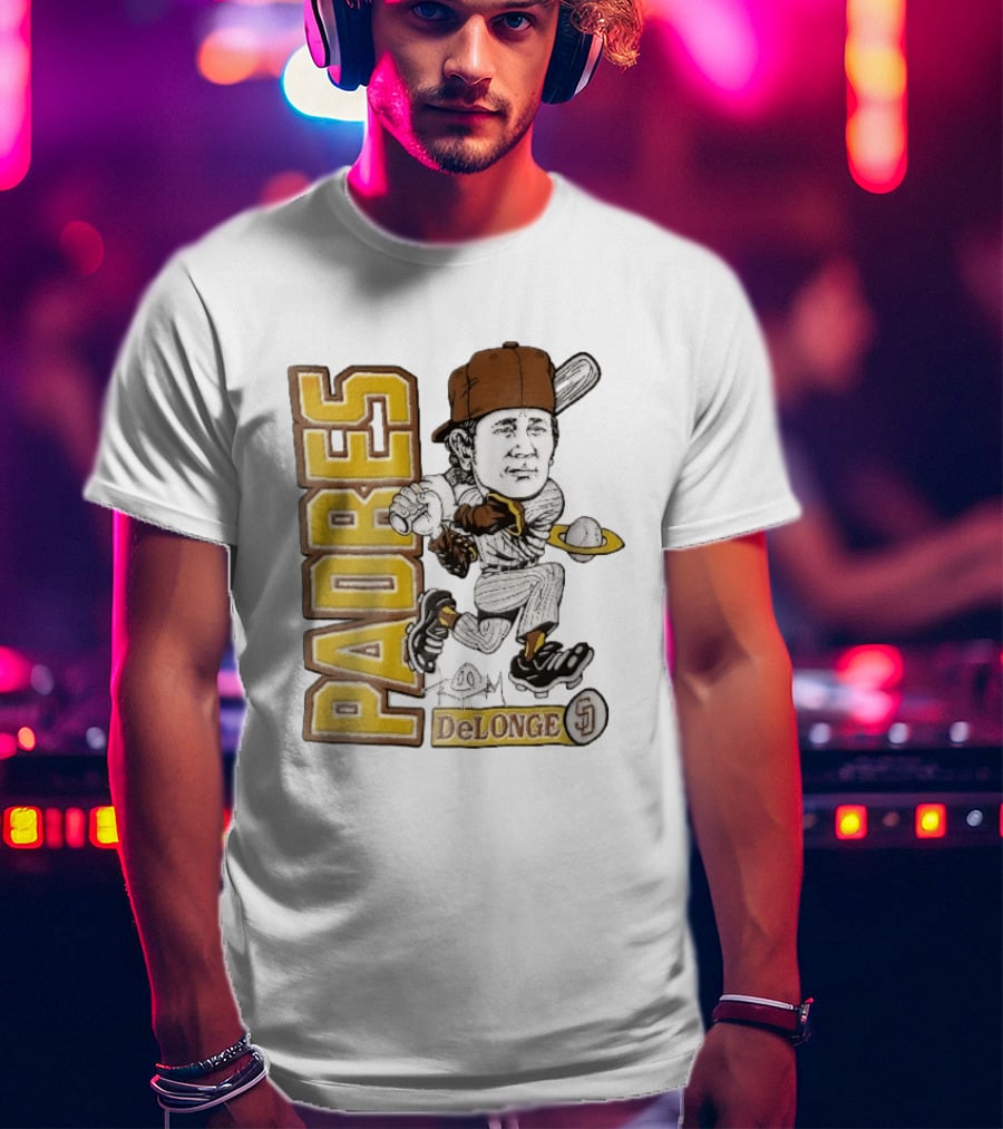 San Diego Padres DeLonge Cartoon Caricature Batter With Orbit Baseball T-Shirt
