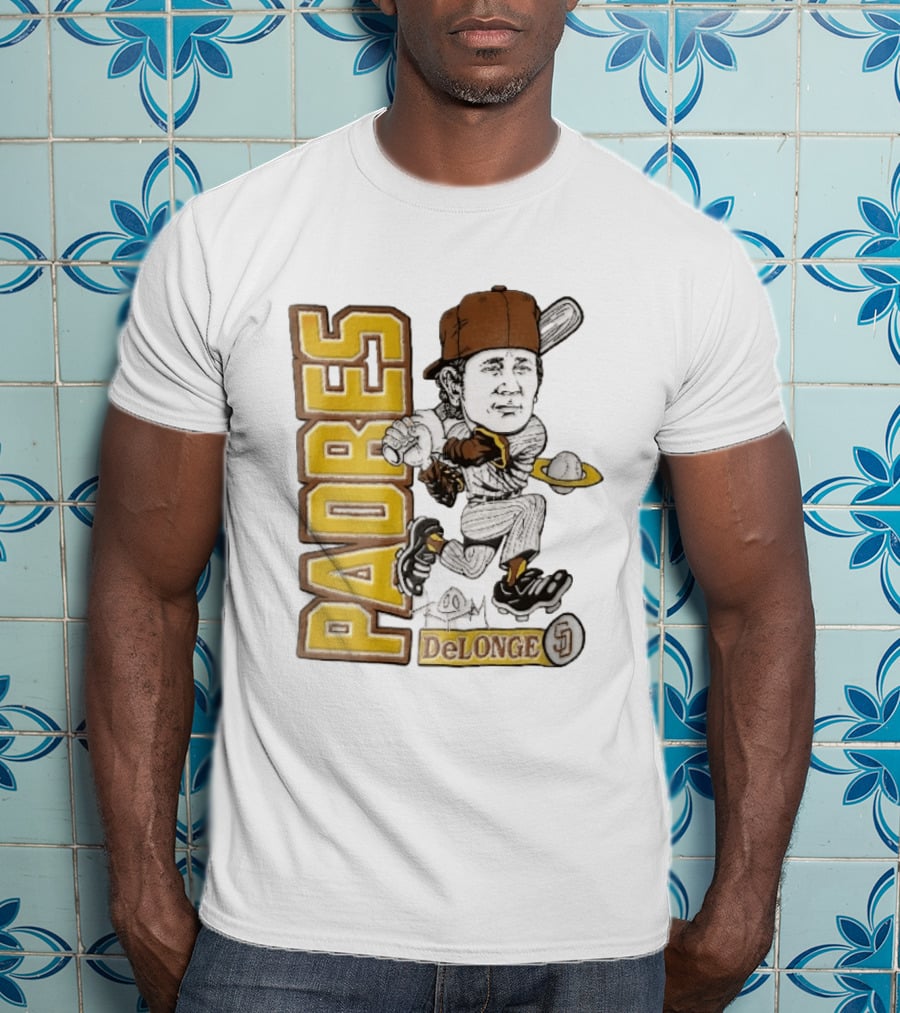 San Diego Padres DeLonge Cartoon Caricature Batter With Orbit Baseball T-Shirt