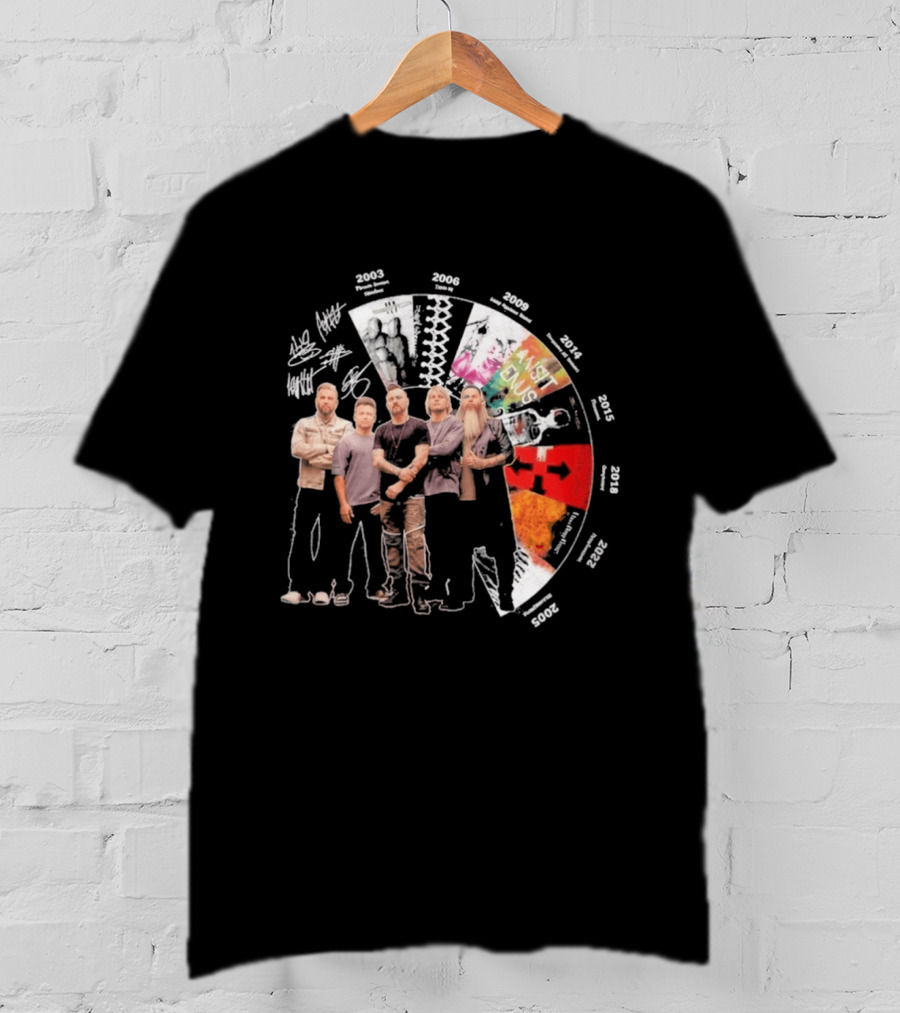 Three Days Grace Albums Timeline With Band Signatures And Discography Dates T-Shirt