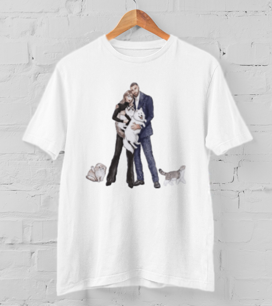 Taylor And Travis Cat Dog Illustration With Couple And Pets T-Shirt