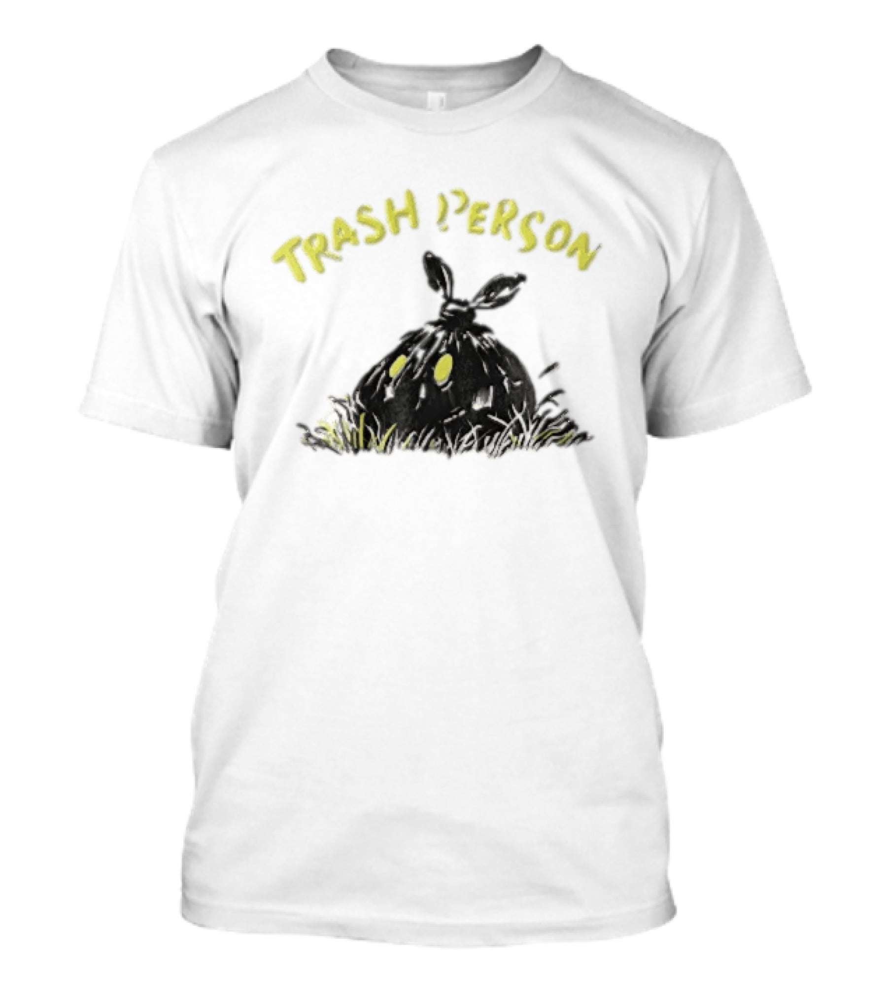Trash Person Black Bag Creature Glowing Yellow Eyes Grass Monster T-Shirt