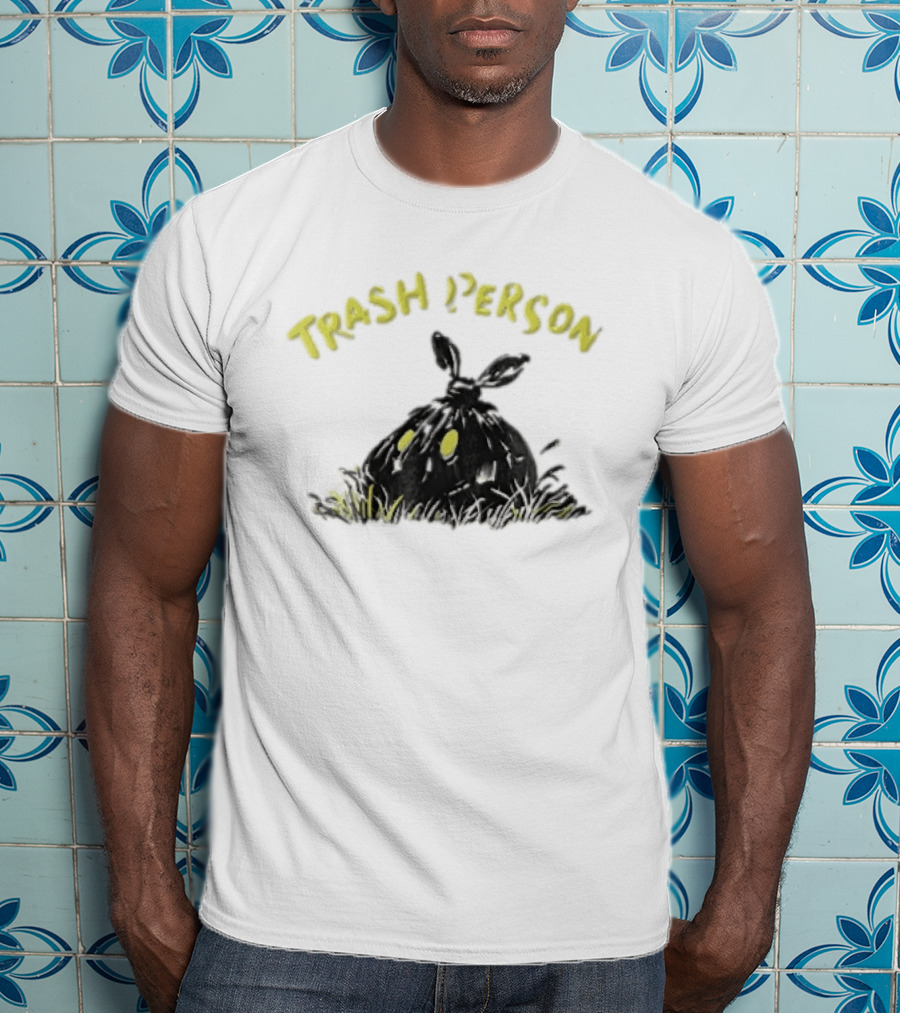 Trash Person Black Bag Creature Glowing Yellow Eyes Grass Monster T-Shirt