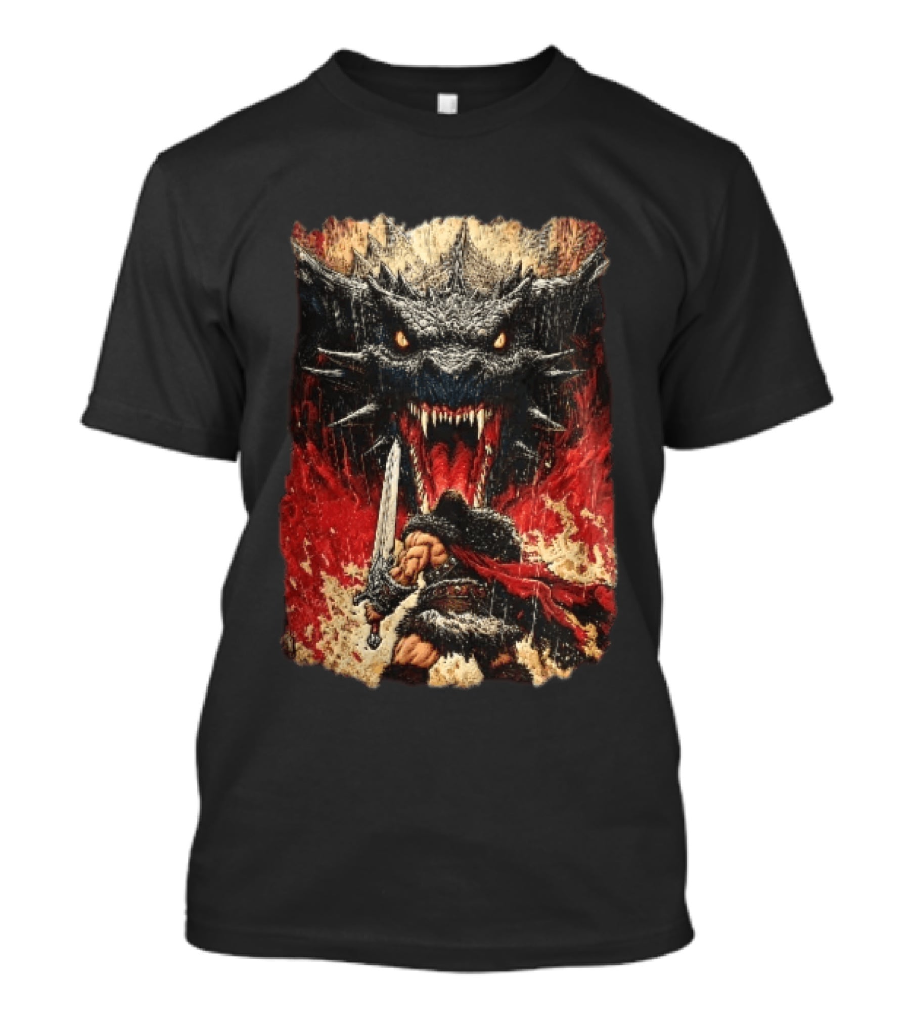 Barbarian Warrior Sword Battle Roaring Dragon Fiery Flames Art Ink Line T-Shirt