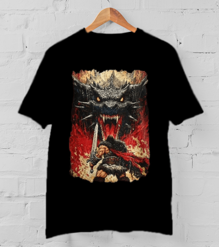 Barbarian Warrior Sword Battle Roaring Dragon Fiery Flames Art Ink Line T-Shirt