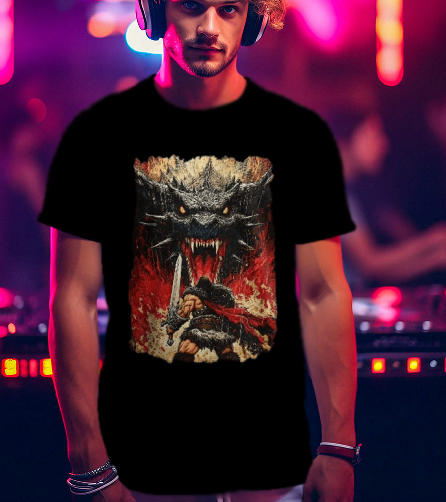 Barbarian Warrior Sword Battle Roaring Dragon Fiery Flames Art Ink Line T-Shirt