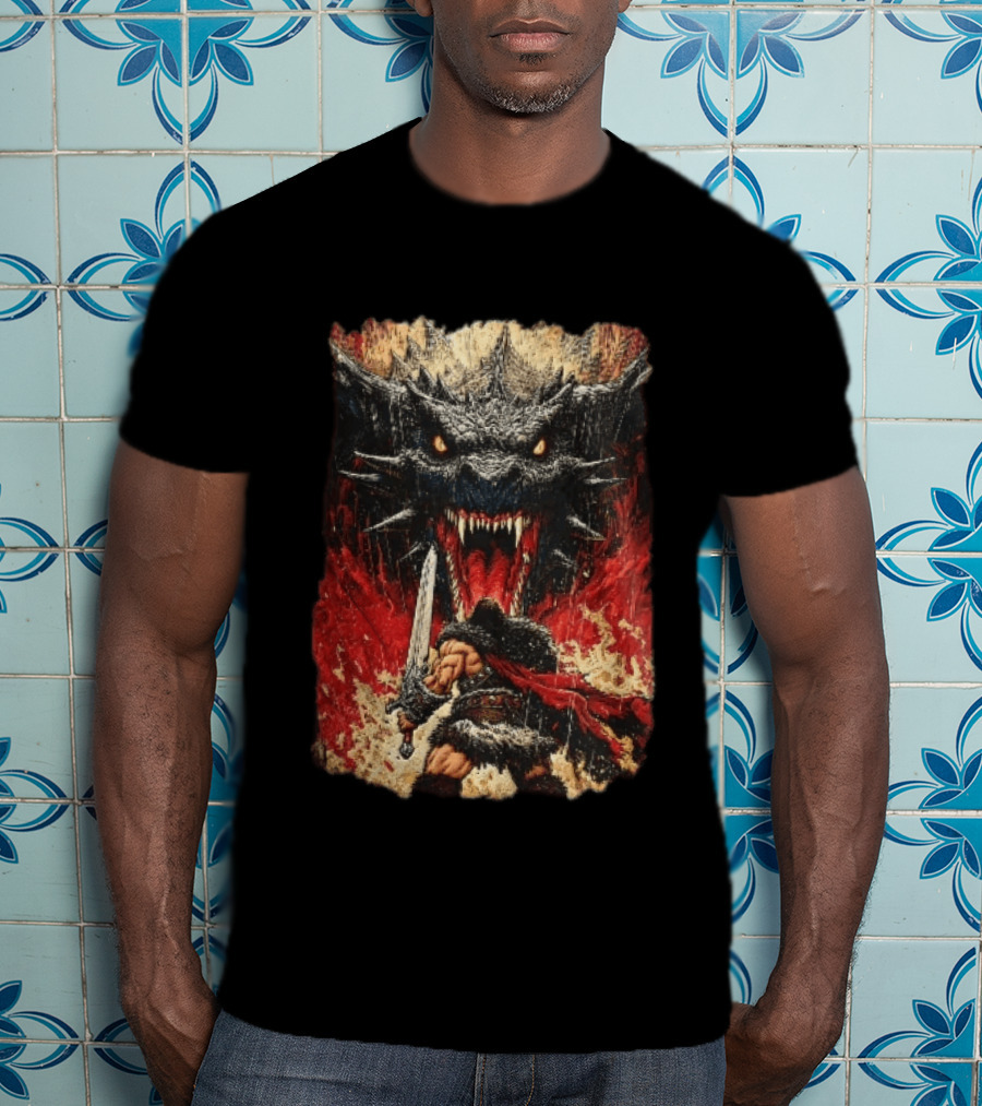 Barbarian Warrior Sword Battle Roaring Dragon Fiery Flames Art Ink Line T-Shirt
