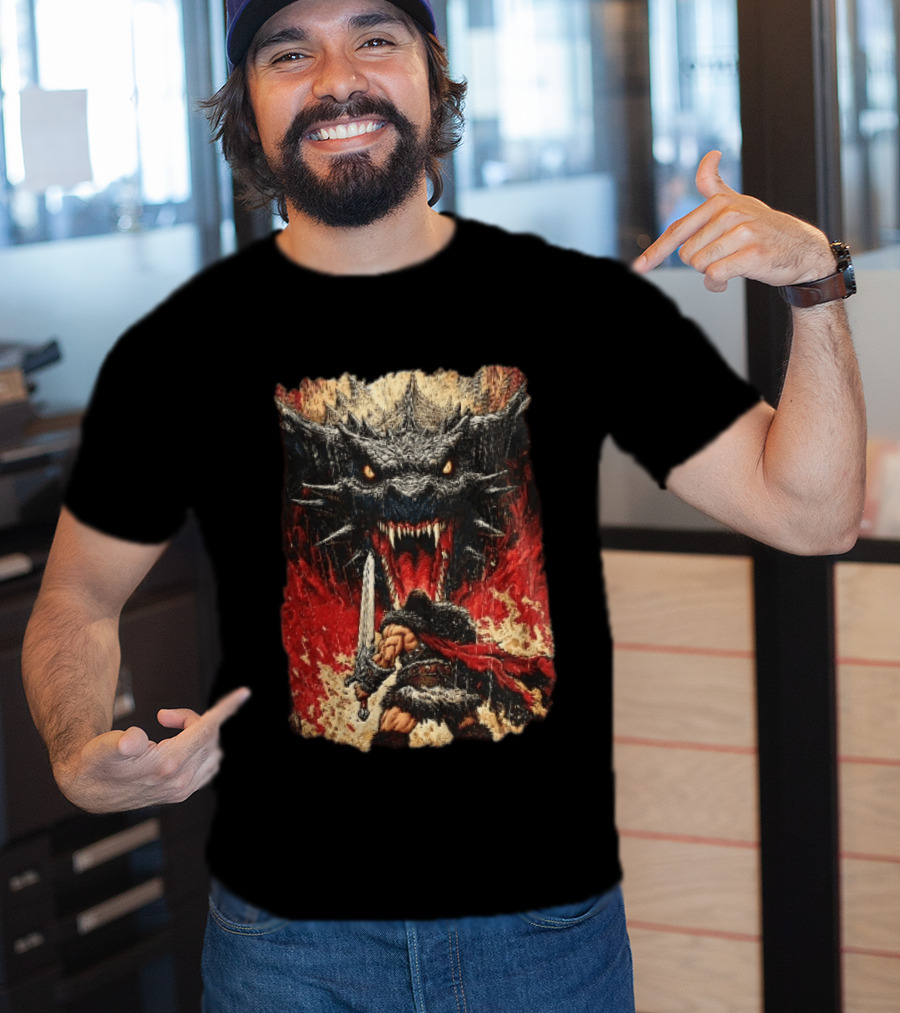 Barbarian Warrior Sword Battle Roaring Dragon Fiery Flames Art Ink Line T-Shirt