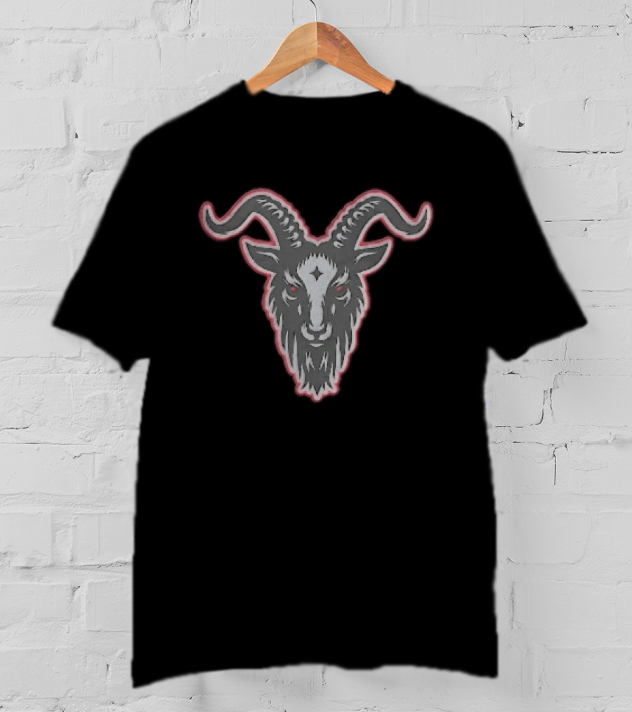 Black Goat Head Curved Horns Glowing Red Eyes Forehead Star Grey Beard Contour T-Shirt
