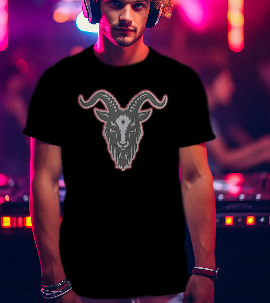 Black Goat Head Curved Horns Glowing Red Eyes Forehead Star Grey Beard Contour T-Shirt
