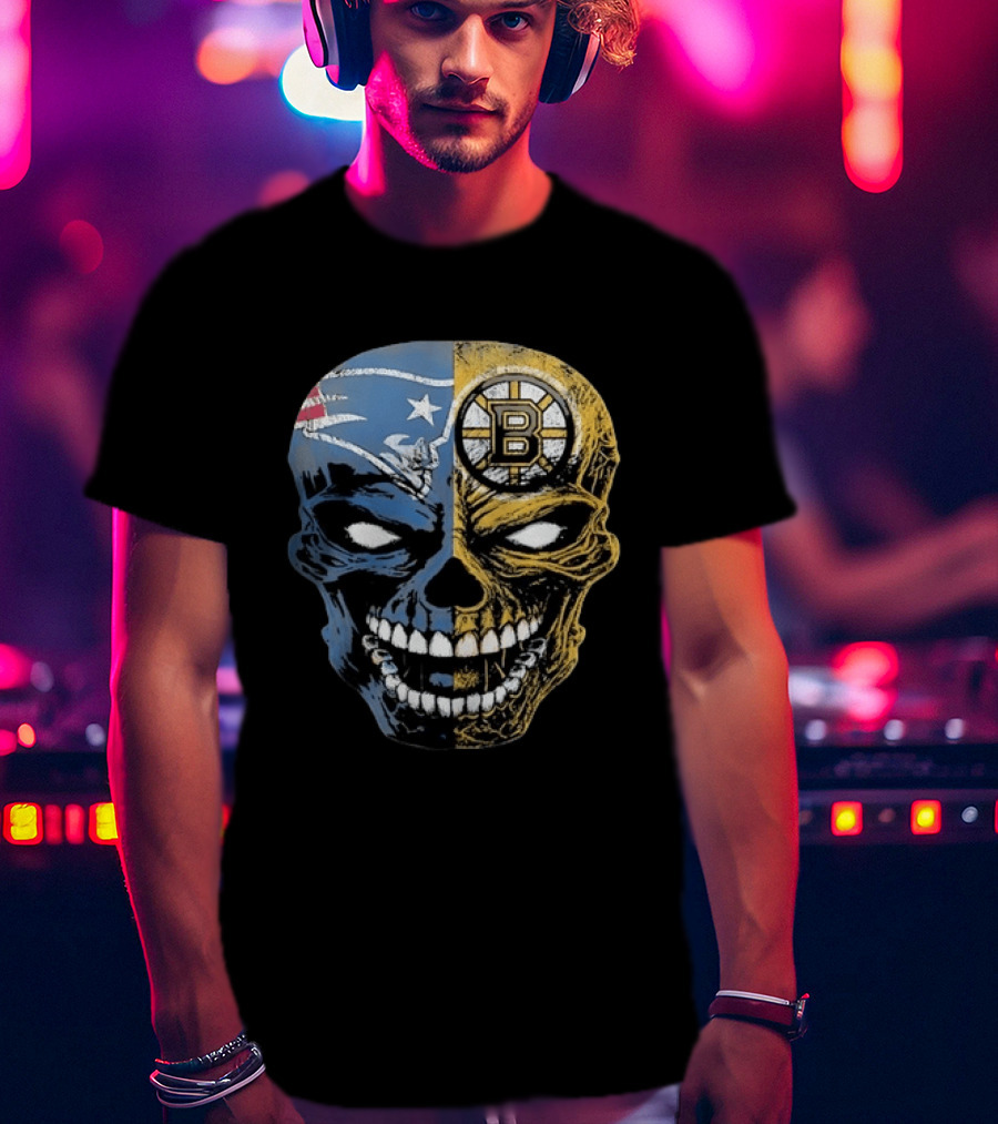 Boston Sports Skull New England Patriots Boston Bruins Fan Fusion T-Shirt