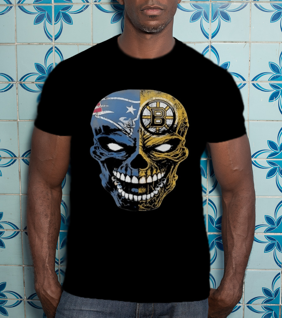 Boston Sports Skull New England Patriots Boston Bruins Fan Fusion T-Shirt
