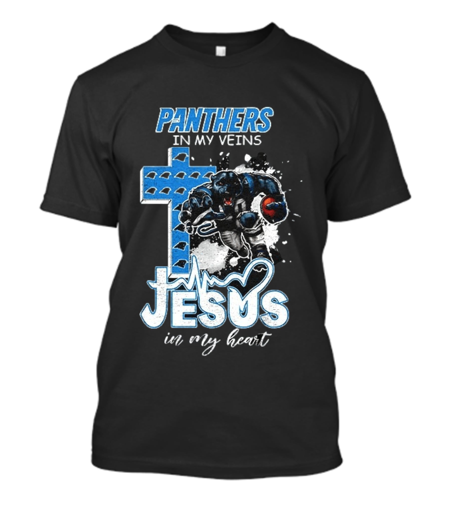 Panthers In My Veins Jesus In My Heart Carolina Football Athlete Cross T-Shirt