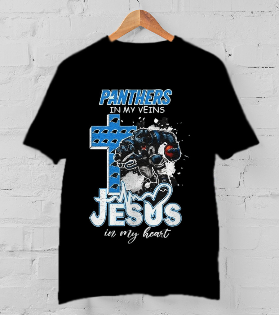 Panthers In My Veins Jesus In My Heart Carolina Football Athlete Cross T-Shirt