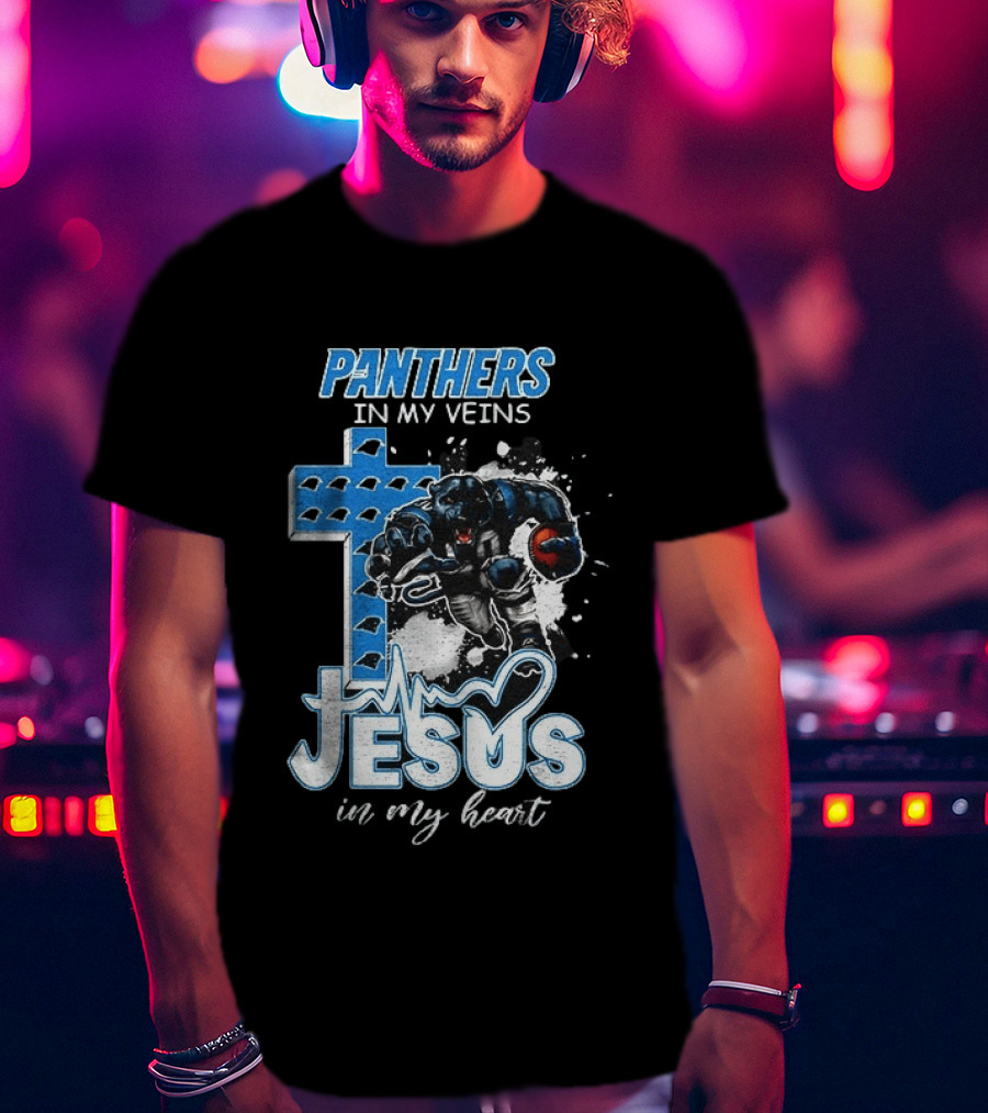 Panthers In My Veins Jesus In My Heart Carolina Football Athlete Cross T-Shirt