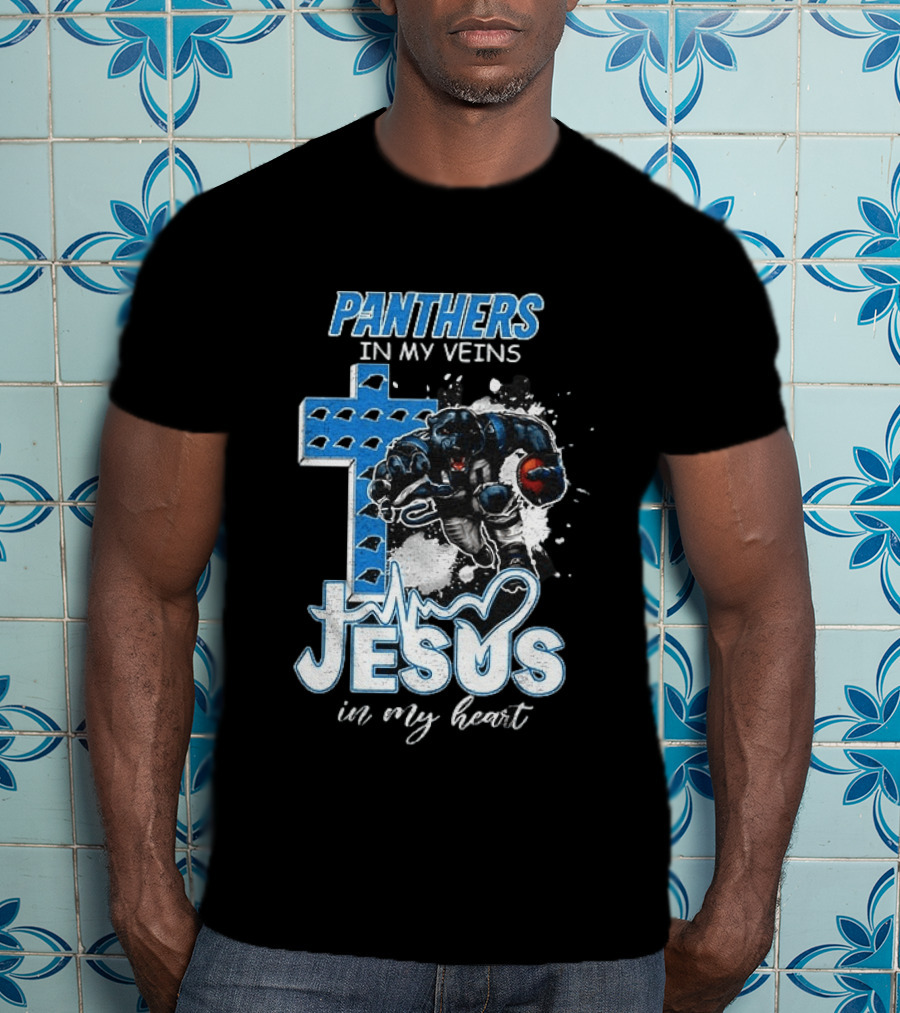 Panthers In My Veins Jesus In My Heart Carolina Football Athlete Cross T-Shirt