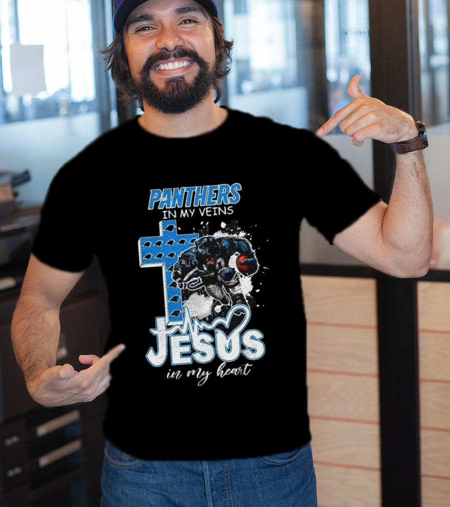 Panthers In My Veins Jesus In My Heart Carolina Football Athlete Cross T-Shirt