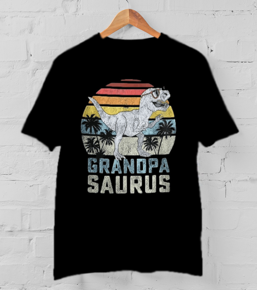 Grandpa Saurus Dinosaur Sunglasses Sunset Palms T-Shirt