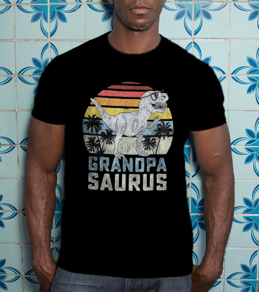 Grandpa Saurus Dinosaur Sunglasses Sunset Palms T-Shirt