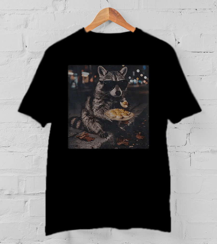 Raccoon Eating Deviled Eggs At Night Wearing Sunglasses T-Shirt