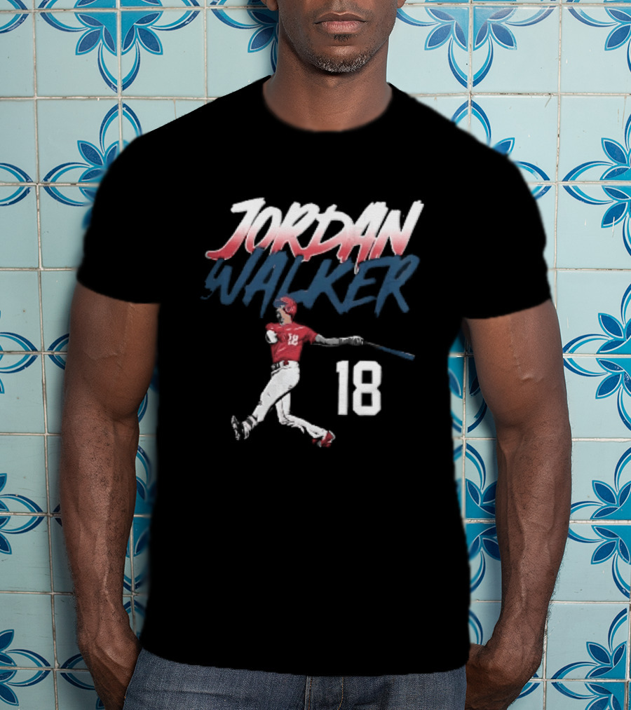 Jordan Walker 18 Baseball Red Uniform Swinging Bat Brush Lettering T-Shirt