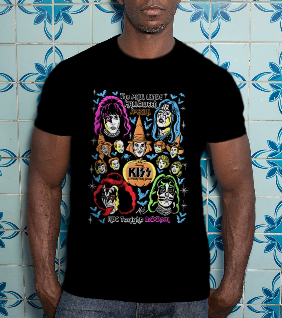 Kiss The Paul Lynde Halloween Special Flash Rock Group ABC Tonight 800pm Cartoon Caricatures Bats T-Shirt
