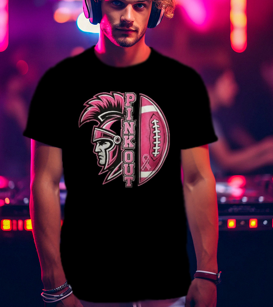 Maroa Forsyth Trojans Pink Out Football Helmet Breast Cancer Awareness Ribbon T-Shirt
