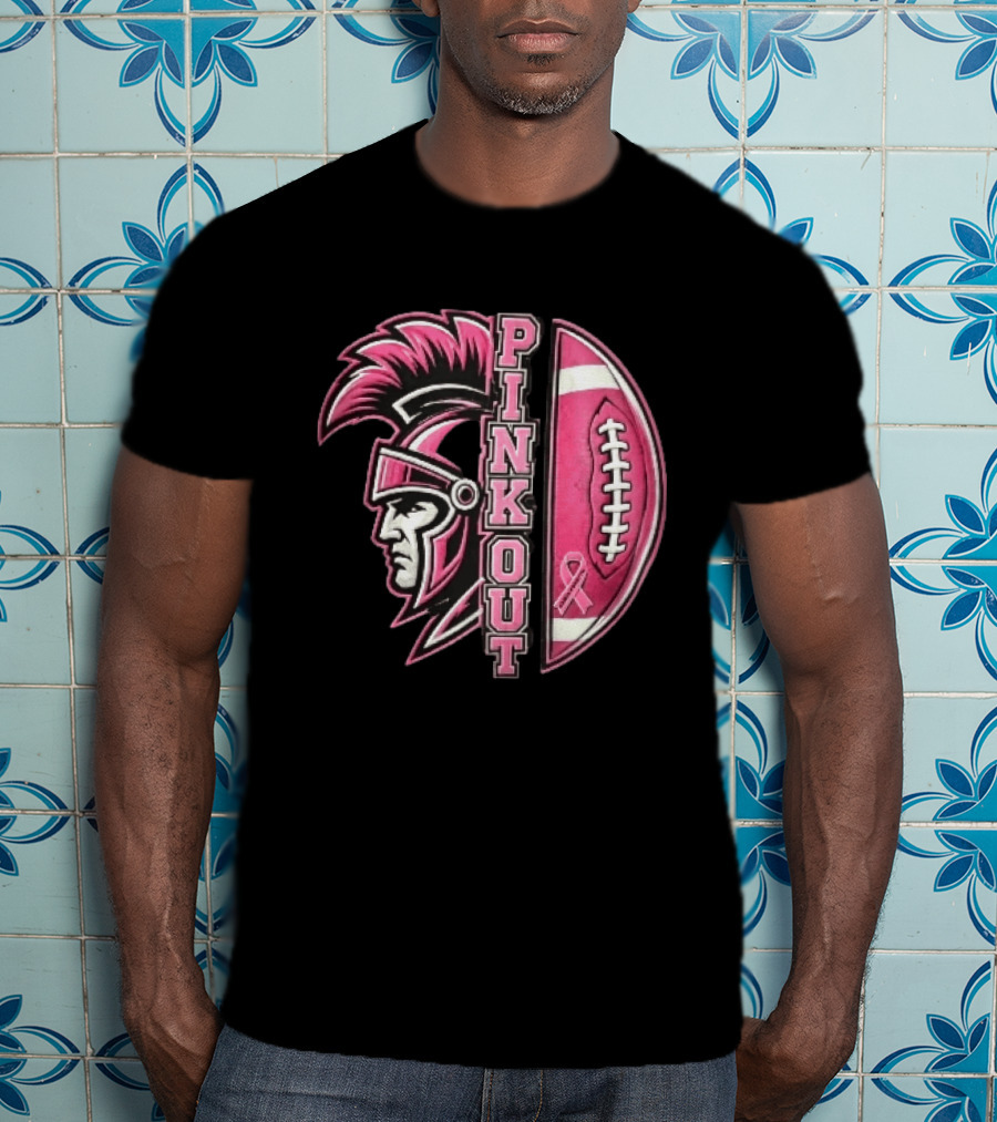 Maroa Forsyth Trojans Pink Out Football Helmet Breast Cancer Awareness Ribbon T-Shirt